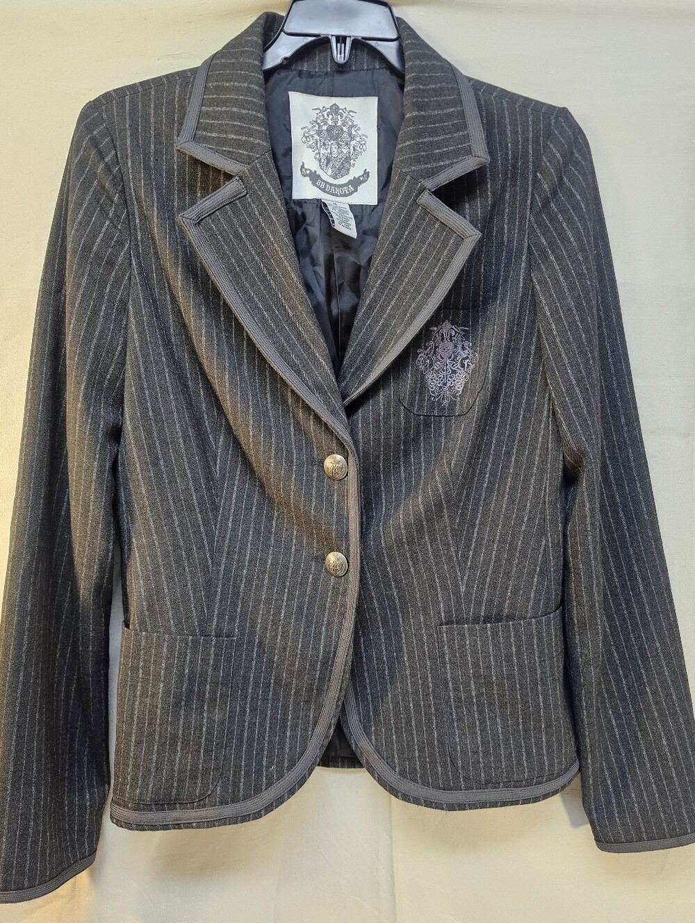 BB Dakota Grey Embroidered Pinstripe Blazer With Safety Pin Sleeve Accessory
